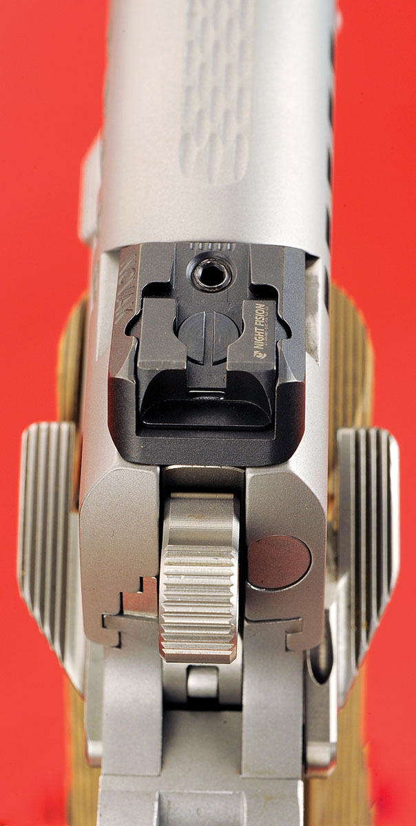 High and to the rear, the Novak sights are pinned into the slide but are fully adjustable for windage and elevation. Ambidextrous safety levers are shown here.